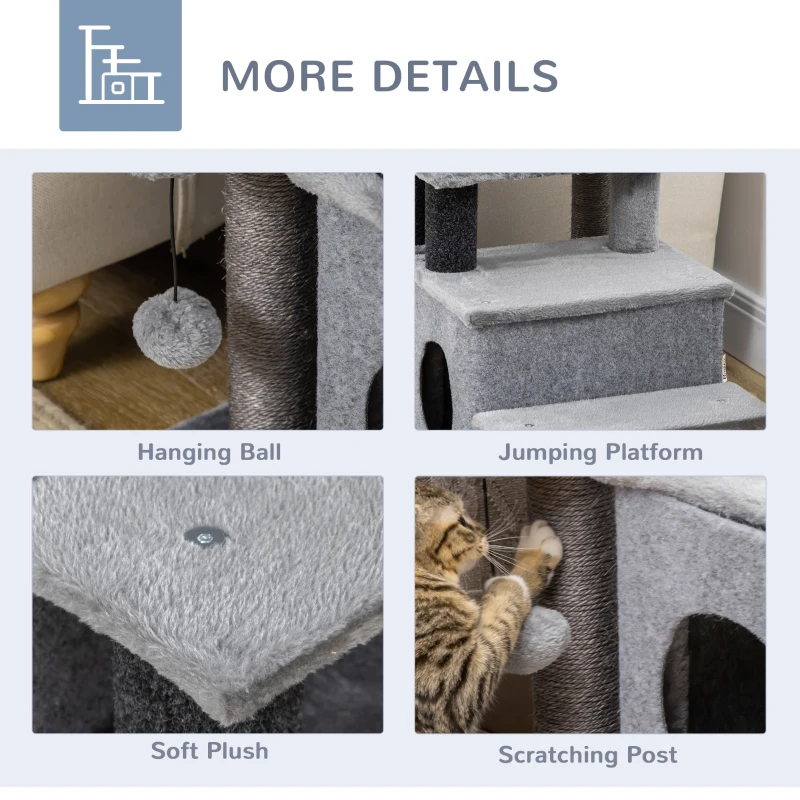 PawHut Adjustable Height 3 Step/4 Step Cat Stairs w/ Sisal Cat Scratching Post, Cat Condo, Toy Ball, for Bed, Sofa, Couch, Gray