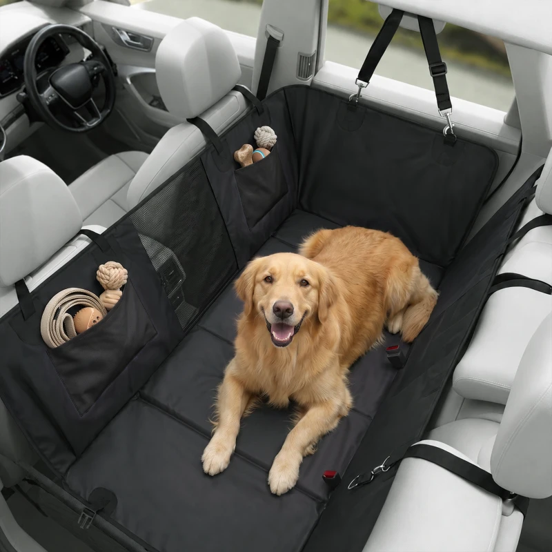 PawHut Dog Car Seat Cover, Hard Bottom Back Seat Extender for Pets, Waterproof Dog Hammock w/ Mesh Window & Pockets