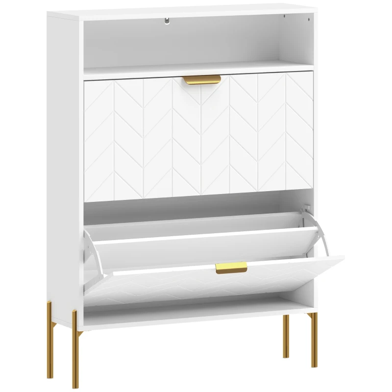 HOMCOM Shoe Cabinet with 2 Flip Drawers, Modern Narrow Shoe Storage Cabinet with Open Compartment, Adjustable Shelves, White