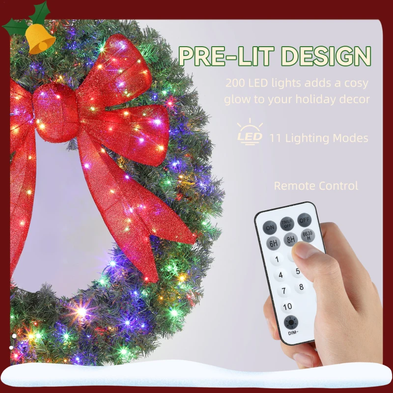 HOMCOM 48in Pre-Lit Christmas Wreath with 3D Red Bow, 11 Lighting Modes, Front Door Christmas Wreath with Remote