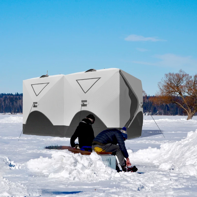 Outsunny 5-8 Person Ice Fishing Shelter, Pop-Up Ice Shanty Tent, Insulated Portable Tent with 2 Doors & Carrying Bag, Light Gray