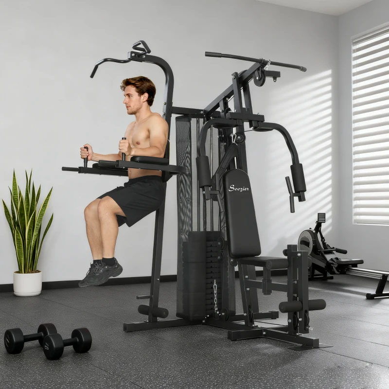 Soozier All-in-One Multi Home Gym Machine Workout Station with Weight Stack and Pulley System for Full Body Training, Black