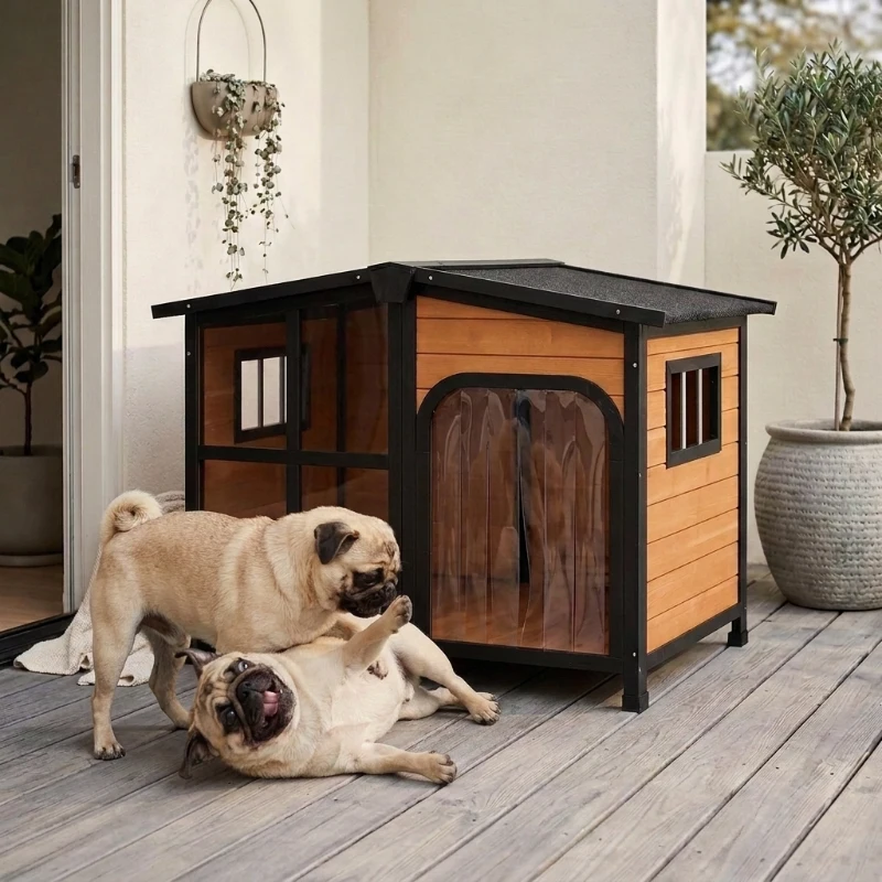 PawHut Cabin-Style Wooden Dog House for Large Dogs with Openable Roof & Giant Window, Yellow