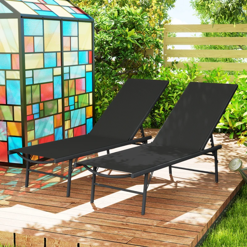 Outsunny 2 Pieces Folding Outdoor Lounge Chairs, Reclining Chaise Lounge Tanning Chair w/ Adjustable Back, Mesh Seat, Black