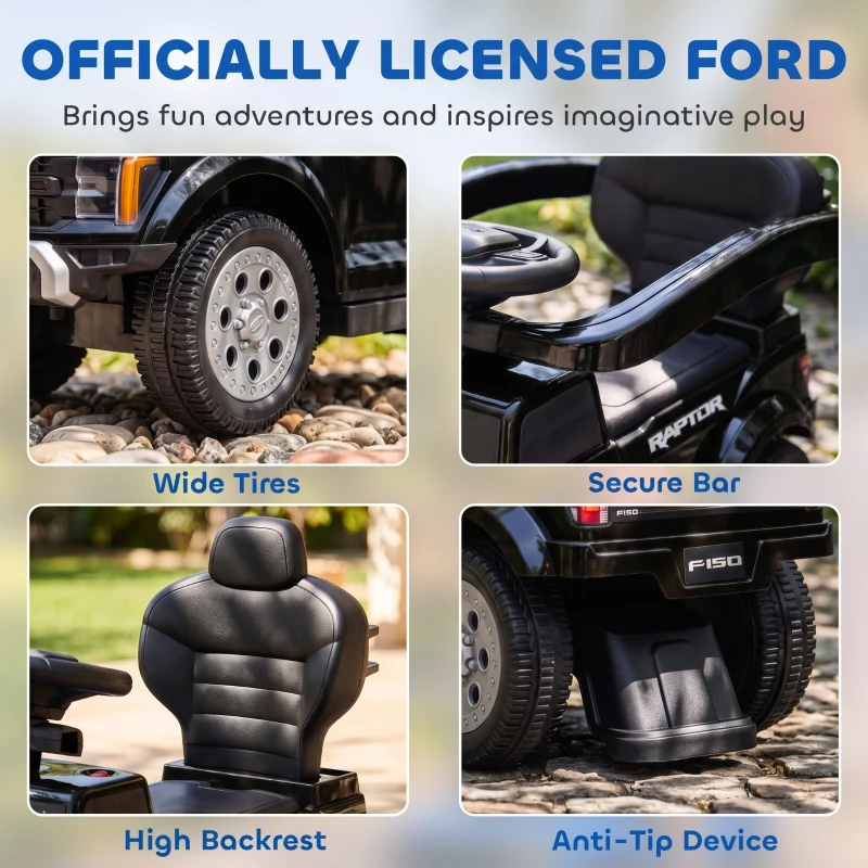 Qaba 3 In 1 Licensed Ford Kids Push Car with Push Handle, Horn, Sound, Secure Bar, Storage, for Toddlers 18-36 Months, Black