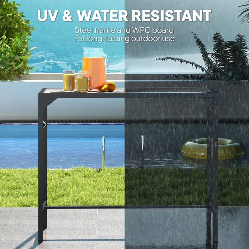 Outsunny Bar Height Outdoor Table with Built-In Bottle Opener, Patio Bar Table with Wood Grain Plastic Top, 47.2" x 15" x 39"