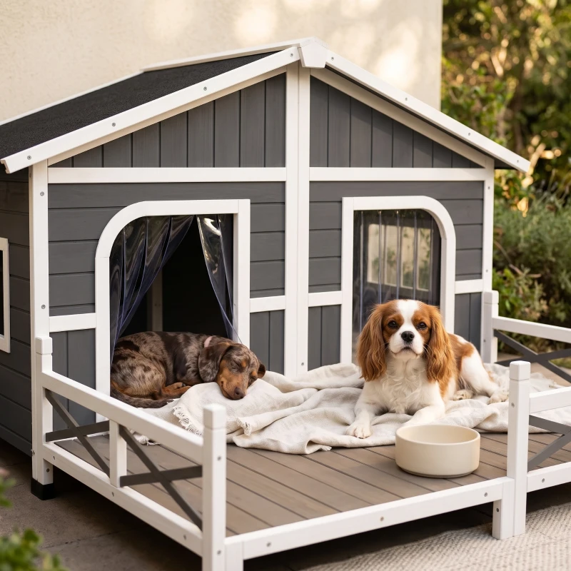 PawHut Dog House Outdoor, Wooden Dog Kennel Weatherproof with Porch, Openable Roof, Removable Bottom, Elevated Floor, Double Room for 2 Small to Medium Breeds, Gray