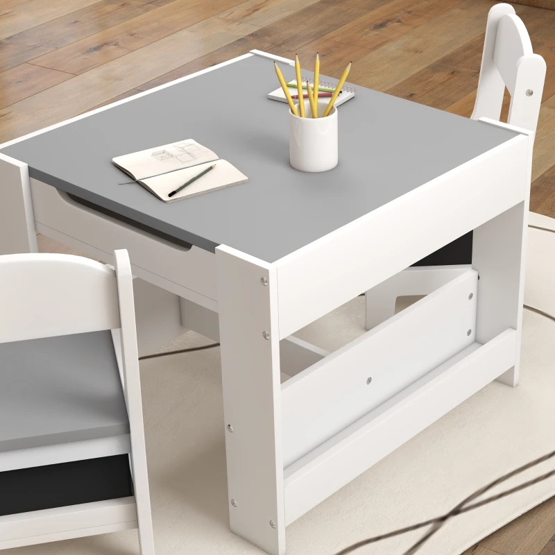 Qaba 3pc Kids Table and Chair Set with Reversible Tabletop Blackboard, Storage & Bookshelves, Gray