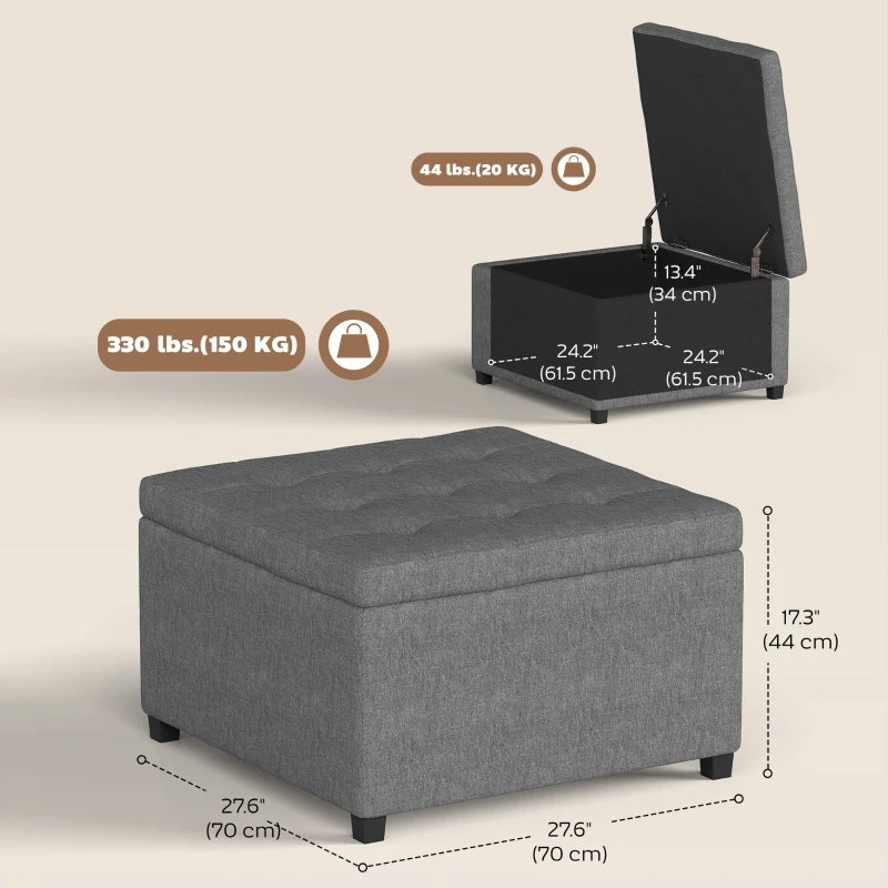 HOMCOM Tufted Storage Ottoman, Upholstered Accent Bench Seat, Cube Storage Box, Footrest Stool, Dark Grey
