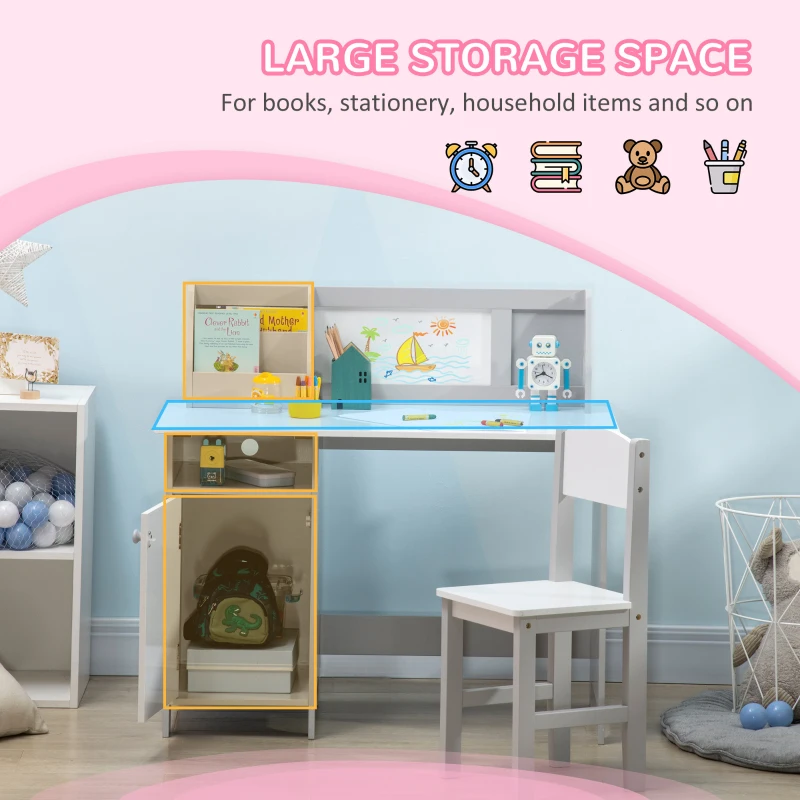 Qaba 2Pcs Kids Desk and Chair Set with Whiteboard, Storage, Shelves, Grey