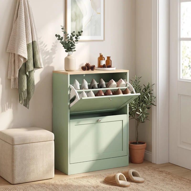 HOMCOM Slim Shoe Storage Cabinet, Modern Shoe Cabinet with 2 Flip Drawers and Adjustable Shelves for 8-12 Pairs, Green