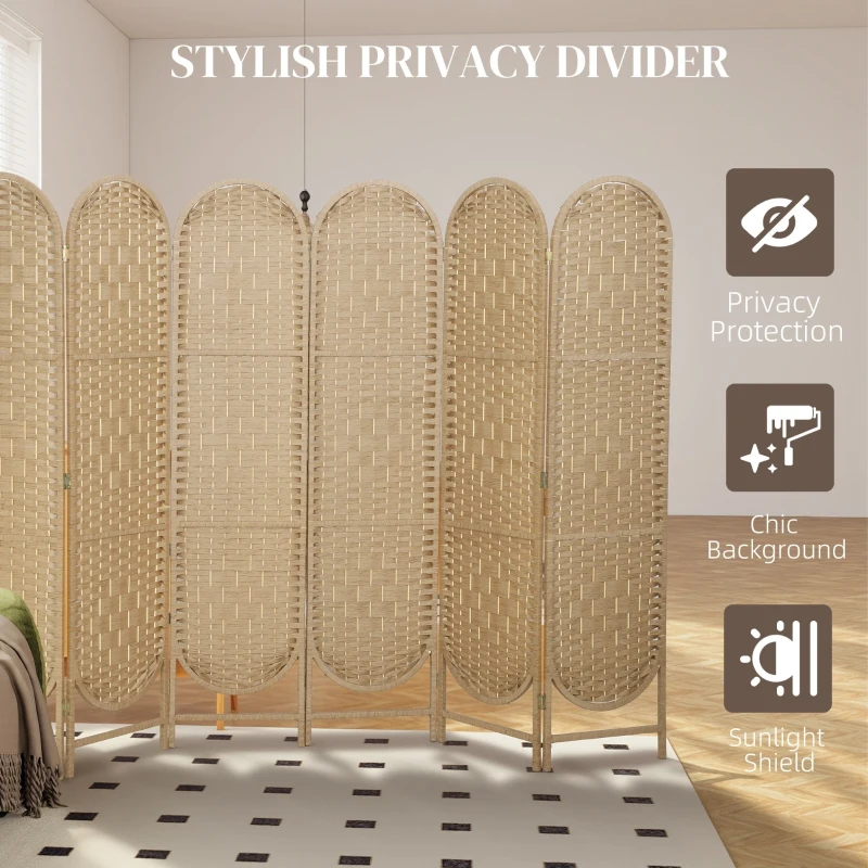 HOMCOM Bohemian Privacy Screen, Folding Room Divider with 6 Panels and Arched Top for Bedroom Living Room Office, Natural Wood