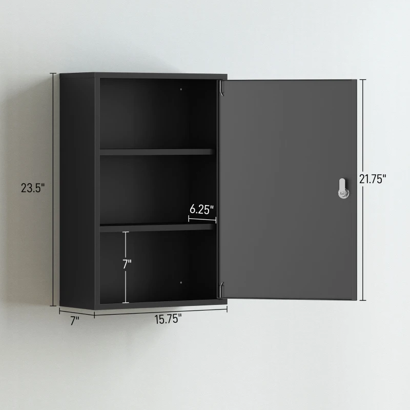 kleankin Wall Mount Medical Cabinet, Bathroom Cabinet with 3 Tier Shelves, 2 Keys, 15.7" x 7.1" x 23.6", Black