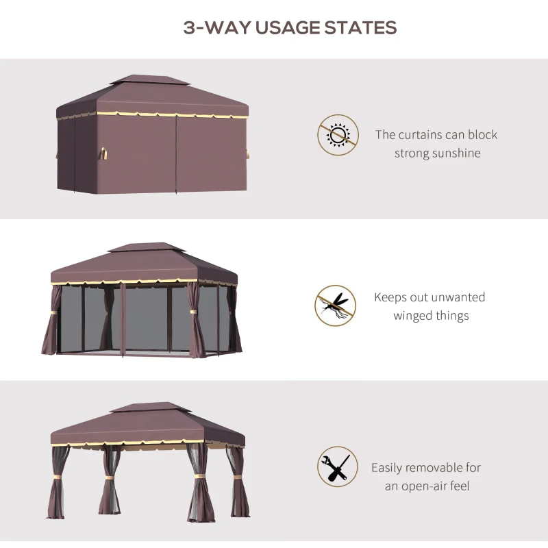 Outsunny 10' x 13' Patio Gazebo, Aluminum Frame Double Roof Outdoor Gazebo Canopy Shelter with Netting & Curtains, Coffee