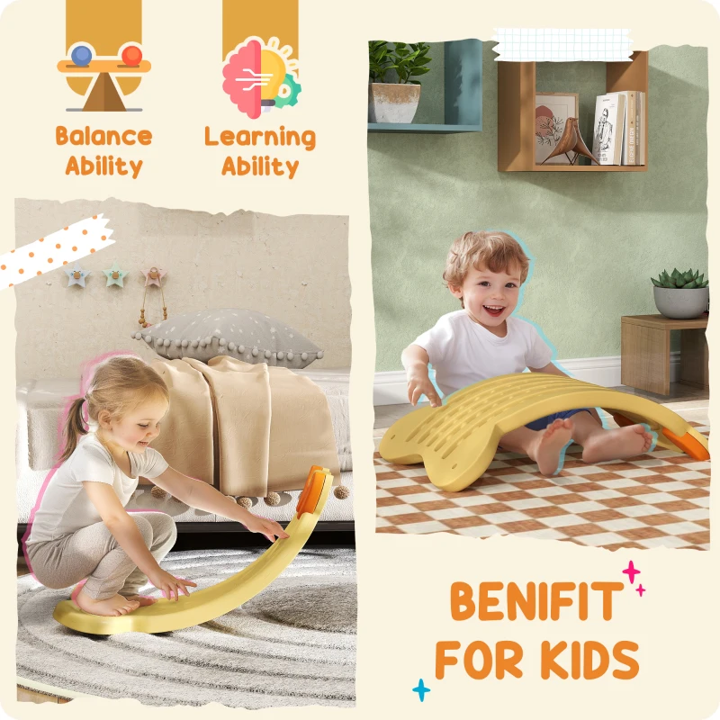 Qaba 24.4" Kids Balance Board, Wobble Board Toddler Curved Rocker, Preschool Balance & Sensory Play Toy, Ages 3-6, Yellow