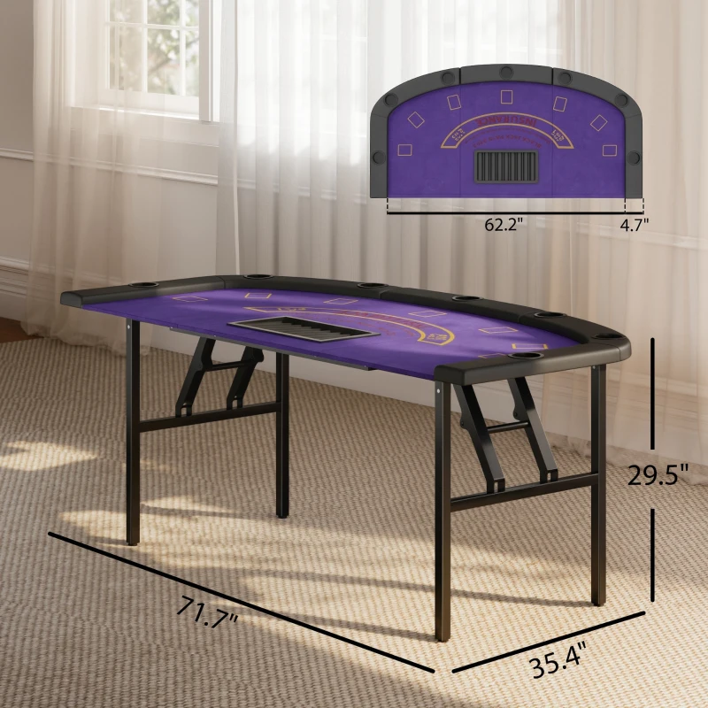 Soozier Poker Table Foldable, 72" Portable Casino Blackjack Table for 8 Players with Felt Surface, Cup Holders, Dark Blue