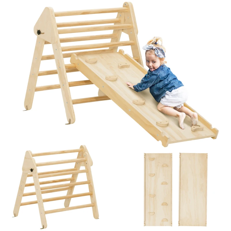 Qaba Pikler Triangle Set, 3 in 1 Climbing Toys with Ramp for Toddlers, Nature Wood