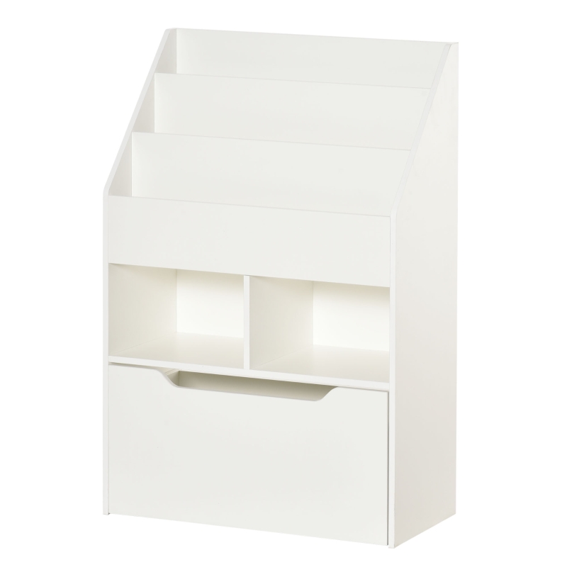 HOMCOM Kids Bookshelf Bookcase, Montessori-Inspired 4 Tier Large Capacity Rack Organizer with Moveable Drawer for Books for Reading Nook, Classroom, Bedroom, Playroom, White