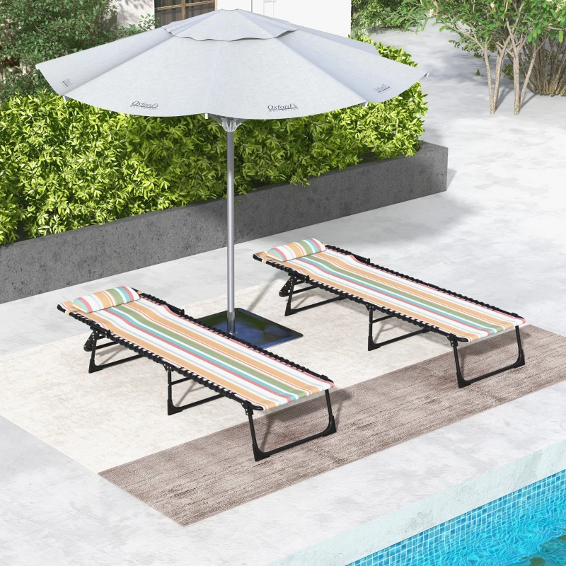Outsunny 2 Folding Chaise Lounge Pool Chairs with 4-Position Reclining Back, Pillow, Breathable Mesh & Bungee Seat, Striped