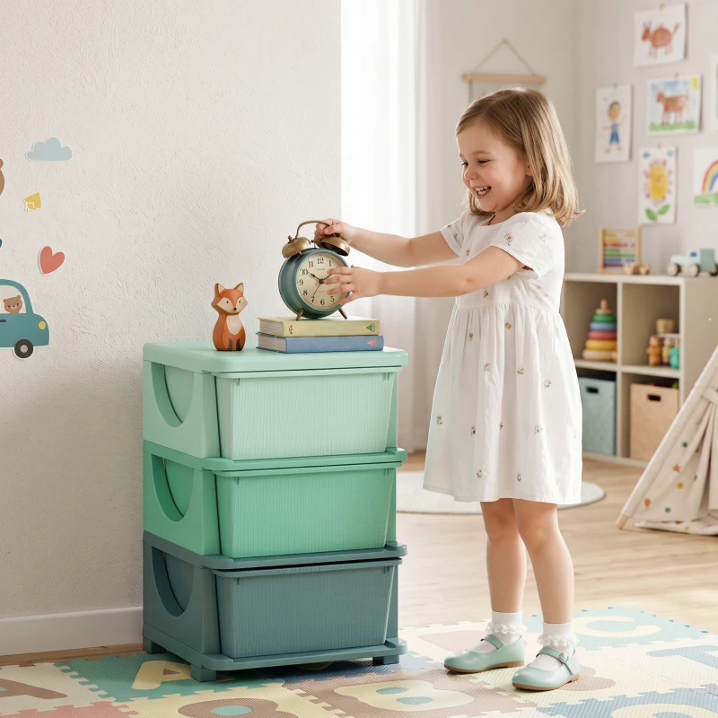 Qaba 3 Tier Kids Storage Unit, Toy Organizers and Storage with 3 Drawer for Bedroom Nursery Living Room for Boys Girls Green