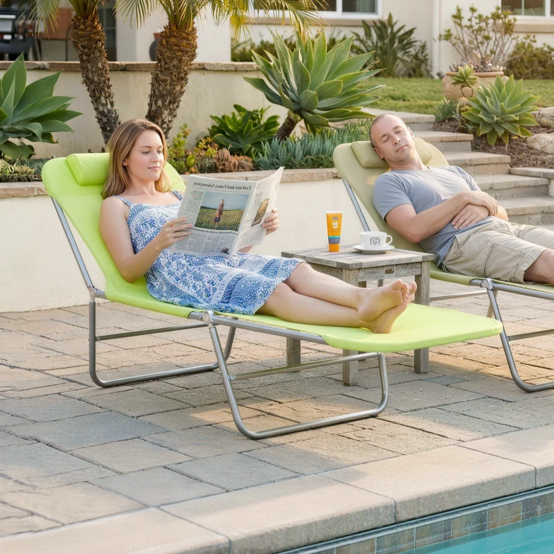 Outsunny Folding Chaise Lounge Pool Chairs, Outdoor Sun Tanning Chairs with Pillow, Reclining Back, Steel Frame & Breathable Mesh for Beach, Yard, Patio,  Green
