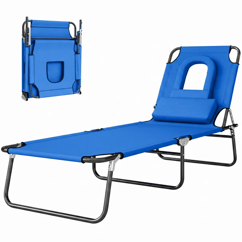 Outsunny Folding Chaise Lounge Chair, Reclining Beach Tanning Chair with Face Hole, Pillow, 4-Position Adjustable Lay Flat Sun Lounger, Steel Frame for Outdoor Patio Pool, Blue