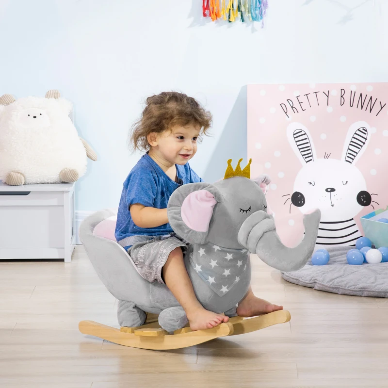 Qaba Baby Rocking Horse Elephant Rocking Chair Toddler Rocker Toy with Sound Wooden Base Seat for 1.5-3 Year Old, Gray