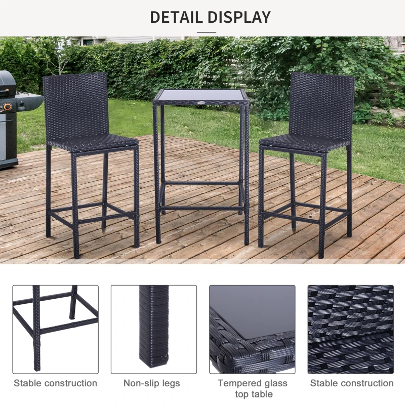 Outsunny 3 PCS Rattan Bar Set with Glass Top Table, 2 Bar Stools for Outdoor, Patio, Garden, Poolside, Backyard