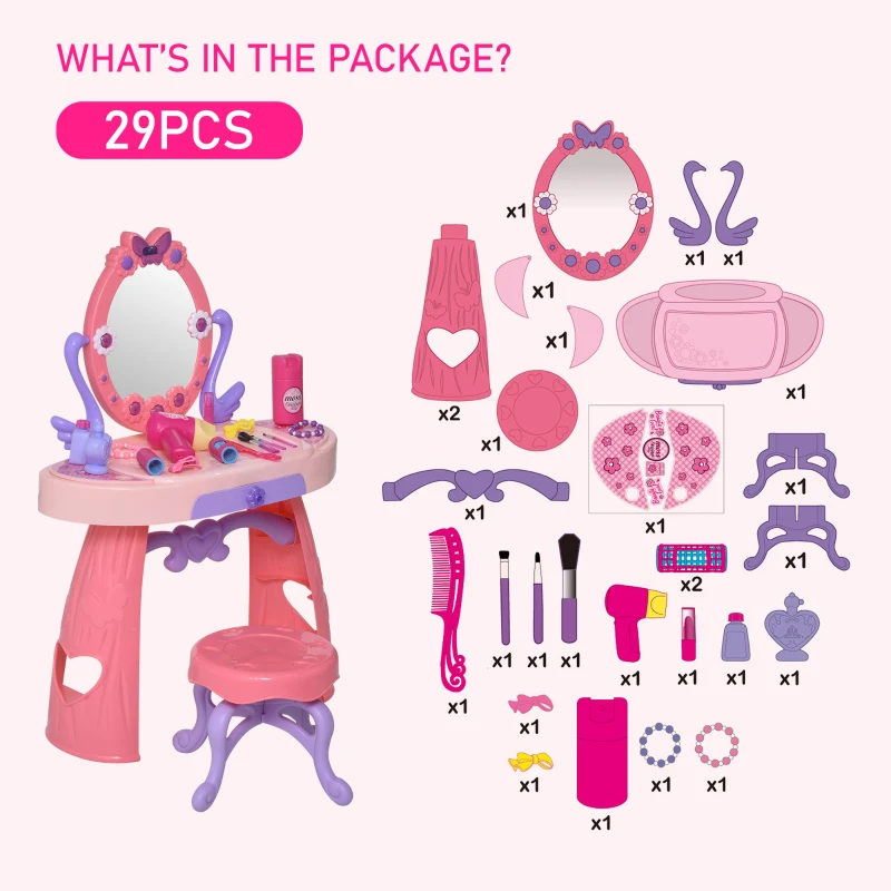 Qaba Kids Vanity Table and Stool Beauty Pretend Play Set with Mirror Lights Sounds & Pretend Beauty Makeup Accessories for Girls 3+ Years Old Pink