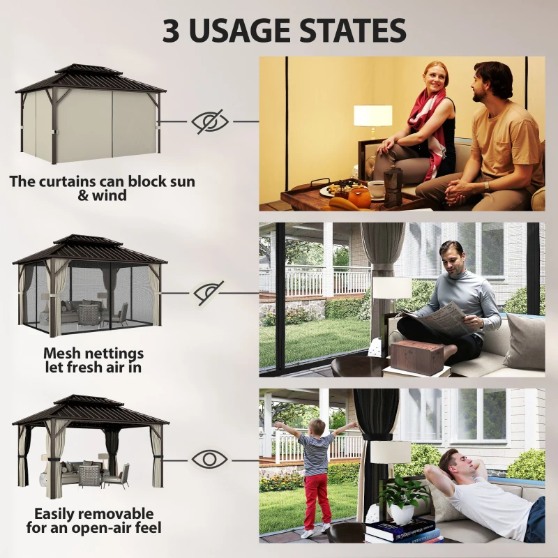 Outsunny 10' x 14' Hardtop Gazebo with Double Galvanized Steel Roof Canopy, Aluminum Frame Permanent Gazebo, Brown