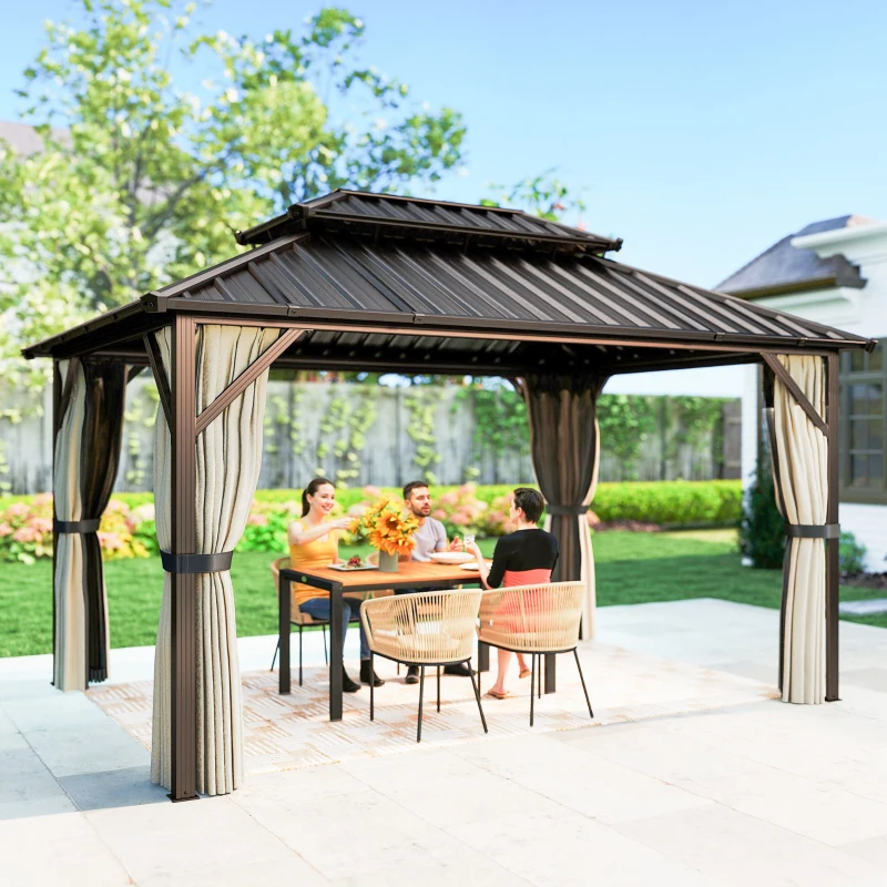 Outsunny 10' x 14' Hardtop Gazebo with Double Galvanized Steel Roof Canopy, Aluminum Frame Permanent Gazebo, Brown