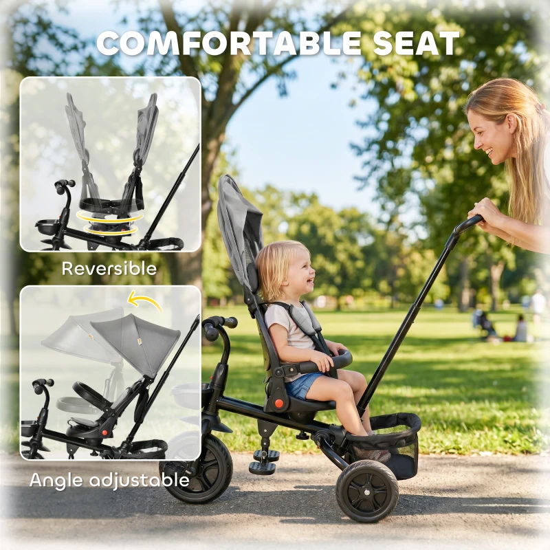 Qaba Tricycle for Toddler 5 in 1 Kids Trike, Foldable Converts Stroller to Toddler Bike, Adjustable Backrest & Curved Canopy, Detachable Guardrail & Handle for 1-5 Years Old, Grey