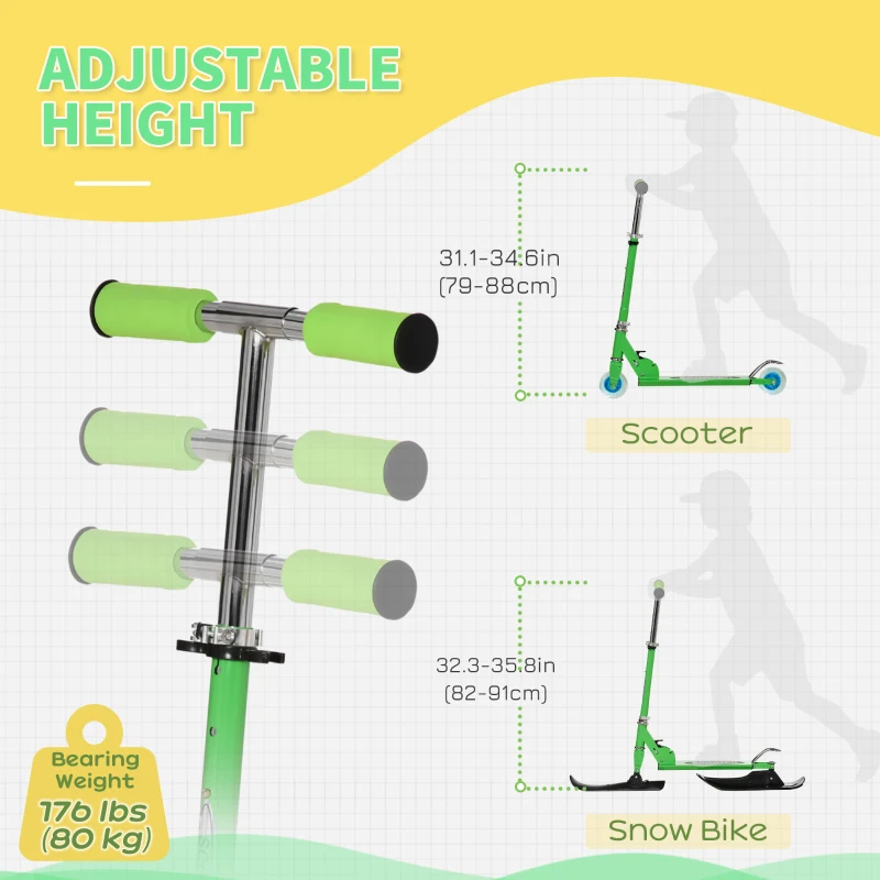 Qaba Snow Scooter, 2 in 1 Design Adjustable Height Scooter Snow Sled for Kids Aged Over 7 Years Old, Foldable Kids Sled Ski Scooter with Wheels Blades, Green