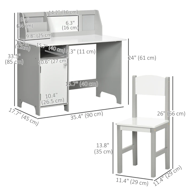 Qaba 2Pcs Kids Desk and Chair Set with Whiteboard, Storage, Shelves, Grey