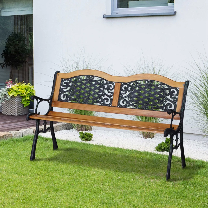 Outsunny 50" Outdoor Garden Bench, Park Patio Bench Loveseat, Wood & Metal Frame with Plastic Flourish Backrest, Natural Wood