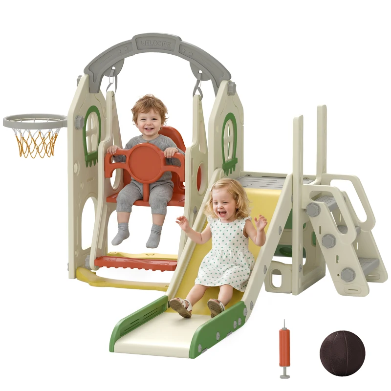 Qaba 6-in-1 Toddler Slide and Swing Set with Adjustable Swing Seat, Ladder, Climbing Wall, Basketball Hoop for Indoor Outdoor