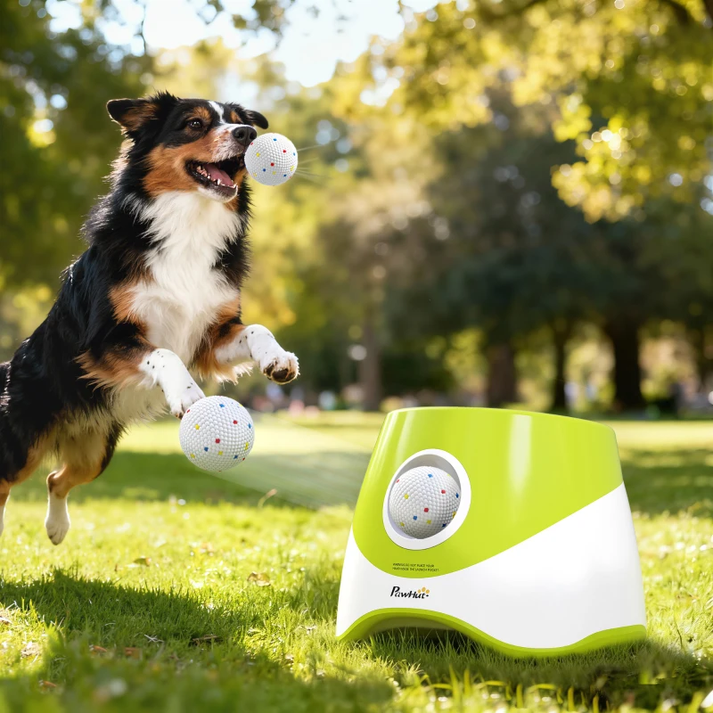 PawHut Automatic Dog Ball Launcher with 5 ETPU Balls 2.3", 3 Distance Settings 20ft, 33ft, 46ft, Green