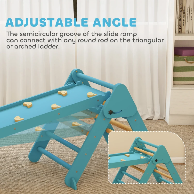 Qaba 7-in-1 Pikler Triangle Set, Foldable Wooden Climbing Toys with Arch, Ramp and Ladder for Toddlers 1-4 Years, Blue