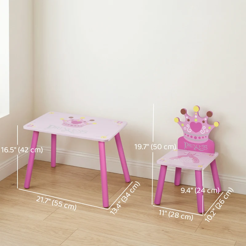 Qaba 3-Piece Set Kids Wooden Table Chair with Crown Pattern Easy to Clean Gift for Girls Toddlers Age 2-4 Years Old Pink