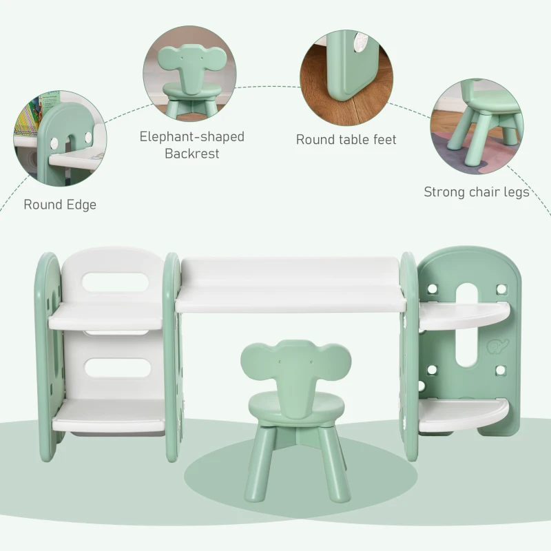Qaba Kids Table and Chair Set, Activity Desk with Bookshelf & Storage for Study, Activities, Arts, or Crafts, Green and White