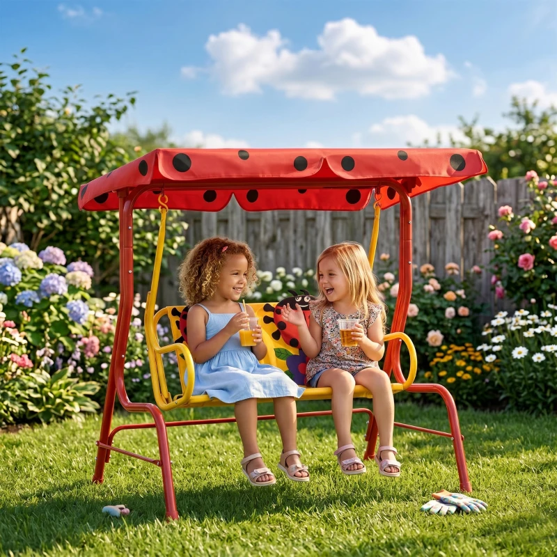 Outsunny Kids Patio Swing, Adjustable Canopy Swing Glider, Kids Outdoor Swing Chair with 2 Seats, Seat-Belted Safety, Red
