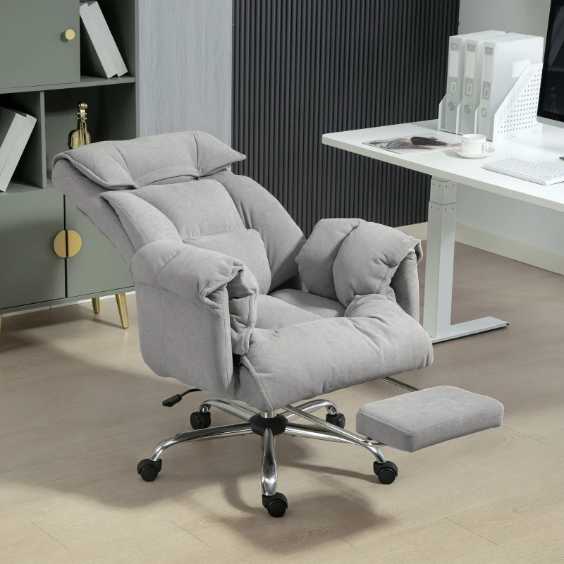 HOMCOM High Back Office Chair, Reclining Desk Chair with Footrest, Swivel Base, Rolling Wheels, Light Grey