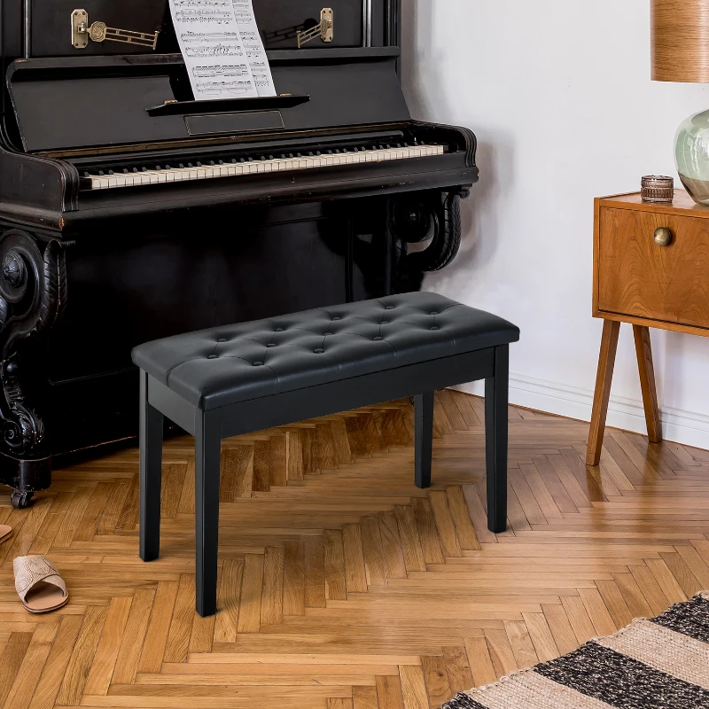 HOMCOM Piano Bench, Duet Piano Chair with Faux Leather Padded Cushion and Wooden Frame, Button Tufted Keyboard Bench, Black