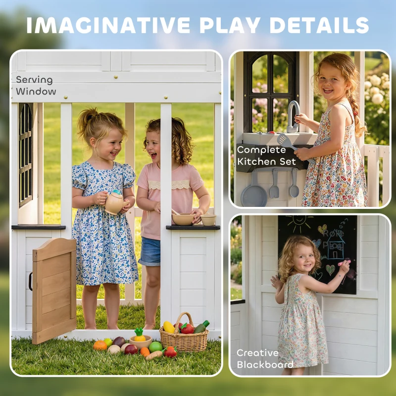 Qaba Two-Story Outdoor Playhouse, Wooden Kids Playhouse with Slide, Table & Bench, Play Kitchen, Ladder, Blackboard, White