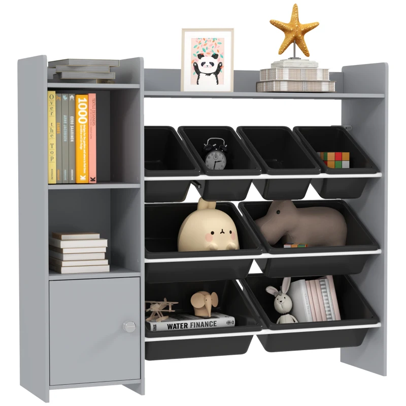 Qaba Toy Storage Organizer with 8 Bins, 2 Storage Cubbies, Shelf, Drawer, Gray