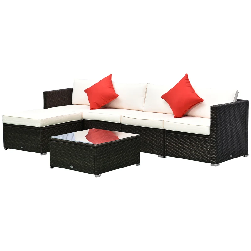 Outsunny 6 Piece Patio Furniture Set Outdoor Wicker Conversation Set All Weather PE Rattan Sectional Sofa Set with Ottoman, Cushions and Tempered Glass Table, Mixed Brown and Cream White