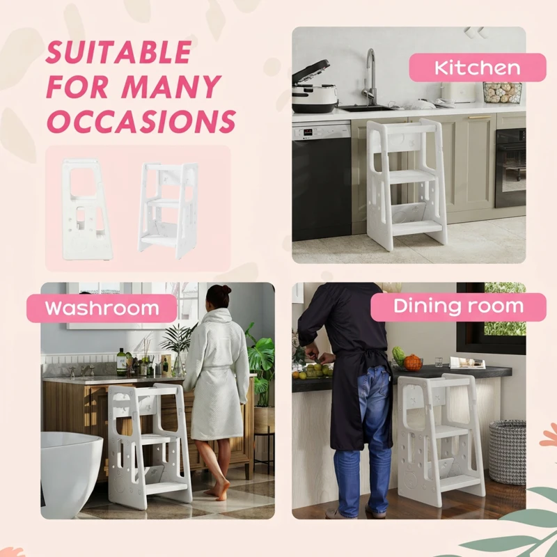 Qaba Toddler Kitchen Helper 2 Step Stool with Adjustable Height Platform and Safety Rail, White