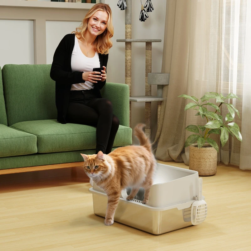 PawHut Stainless Steel Litter Box with High Side, Scoop, Easy Cleaning & Anti-Urine Leakage, for Big Cats, Light Gray