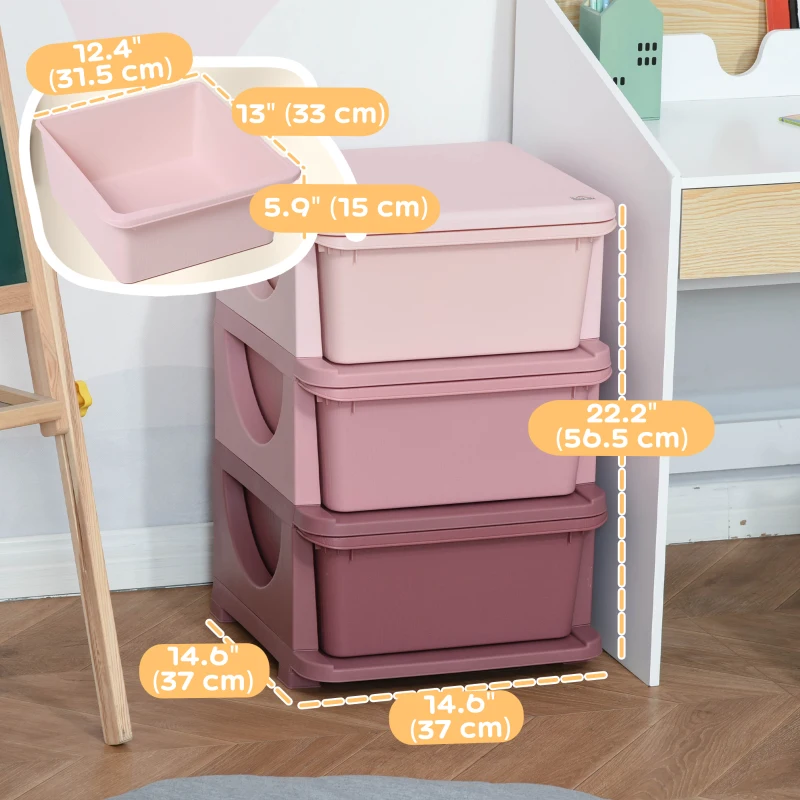 Qaba 3 Tier Kids Toy Organizer and Storage Bins with 3 Plastic Drawers, Pink