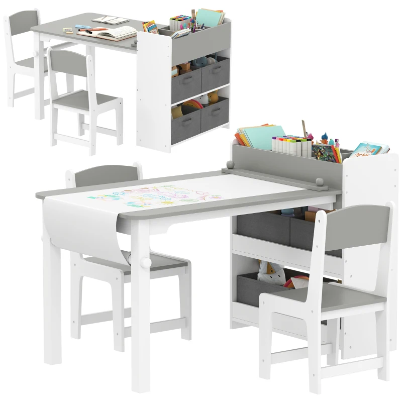 Qaba Kids Table and Chairs Set, Toddler Art Table and Chair Set with Paper Roll, Storage Shelves and Drawers, Grey
